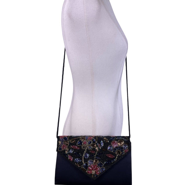 Women’s Black Beaded Floral Envelope Clutch Purse With Shoulder Strap