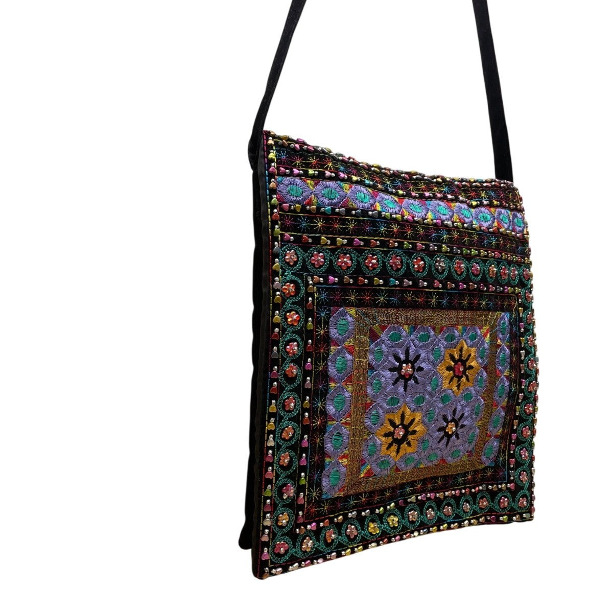 Embroidered Black Multicolor Floral Pattern Zipper Ethnic Boho Shoulder Bag