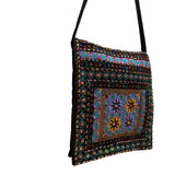Embroidered Black Multicolor Floral Pattern Zipper Ethnic Boho Shoulder Bag