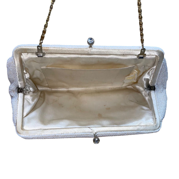 La Regale Women’s Ivory Beaded Floral Detail Evening Bag W/ Chain Strap
