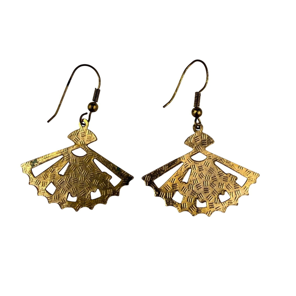 Vintage Gold Tone Enamel Fan Earrings Pink Floral Black Accents Lightweight