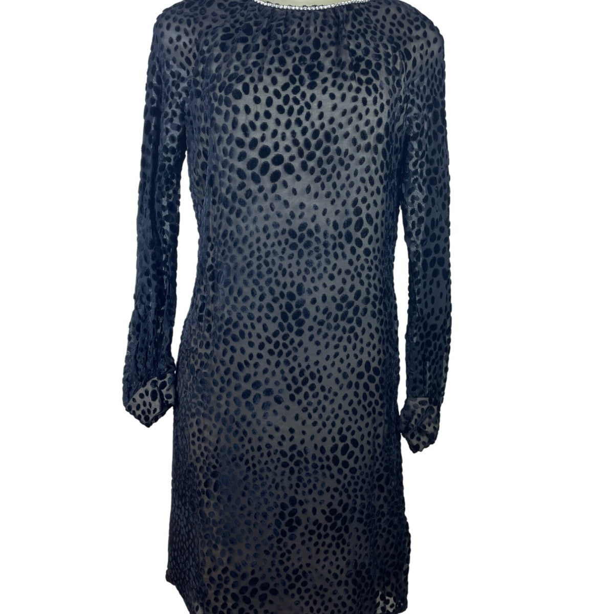 Vintage Mort Schrader Long Sleeve Black Polka Dot Dress With Rhinestone Neckline