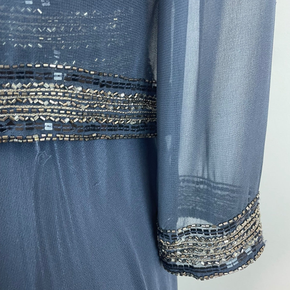 Jkara Women’s Navy Blue Beaded Sleeveless Evening Gown With Sheer Jacket Sz 12