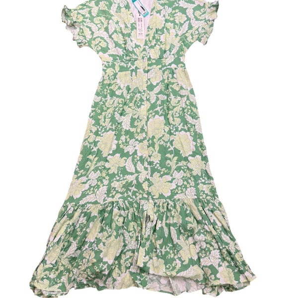 Minkpink Womens Green Floral Maxi Dress With Ruffle Sleeves & Buttons Size L