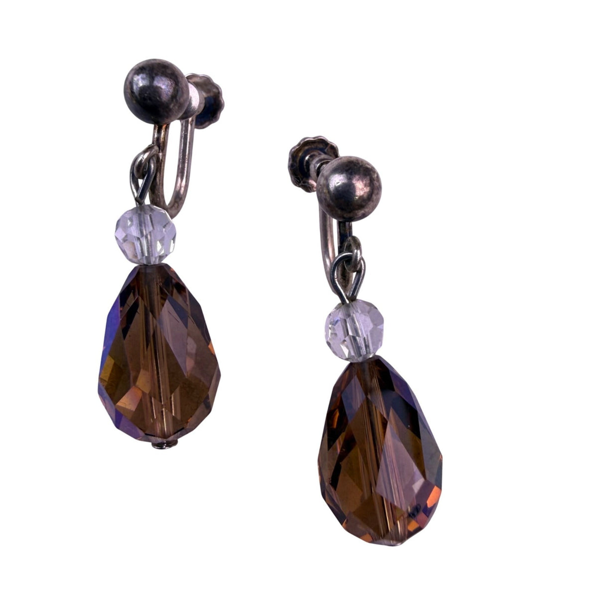 Vintage Women Amber Silver Tone Drop Screw Back Earrings Glass Crystal