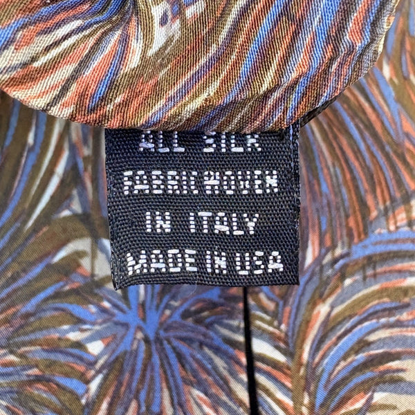 Christian D Mens Brown Blue Feather Print Silk Tie Italy Made USA
