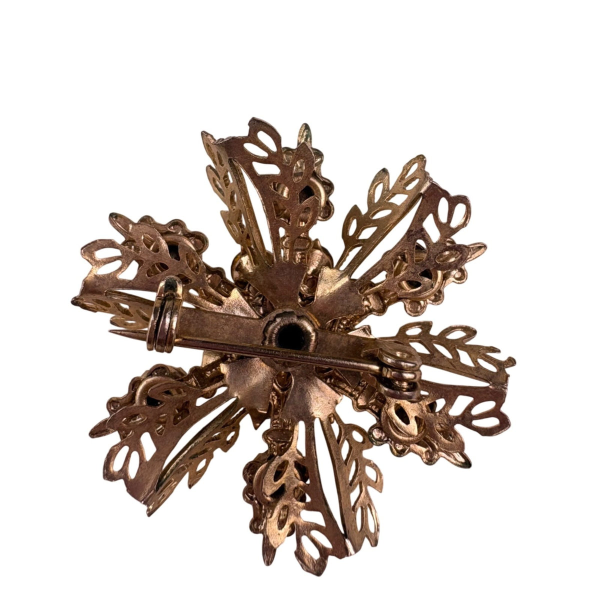 Vintage Unknown Blue Gold Tone Rhinestone Snowflake Brooch Resin Round Pin