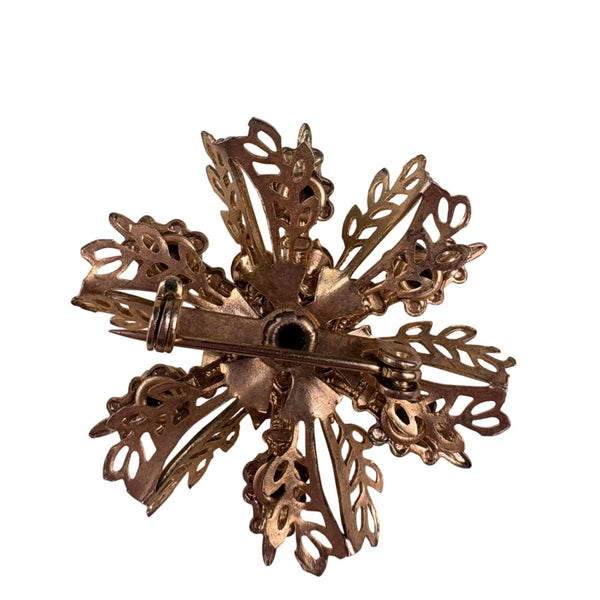 Vintage Unknown Blue Gold Tone Rhinestone Snowflake Brooch Resin Round Pin