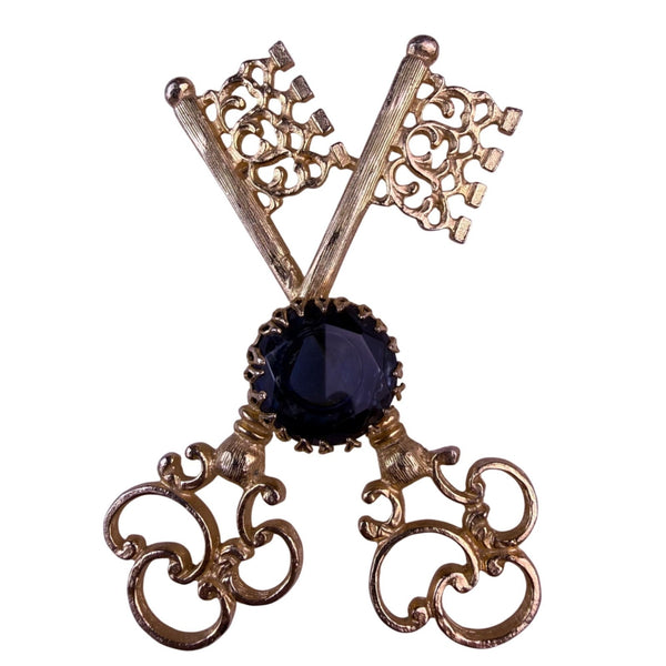 Vintage Unknown Gold Tone Decorative Jewelry Double Key Brooch With Blue Jewel