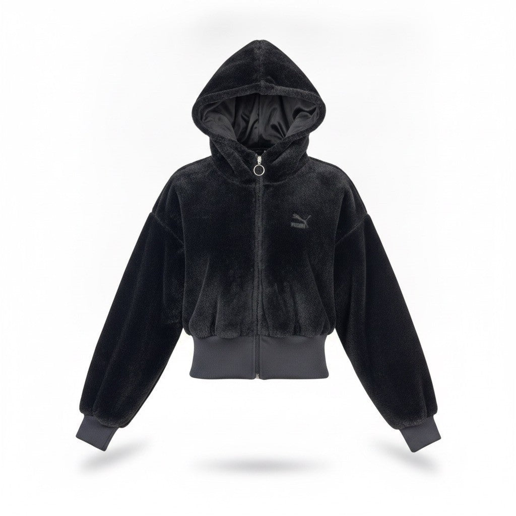 Puma Womens Black Polyester Hooded Fleece Zip-Up Cropped Jacket Size XS
