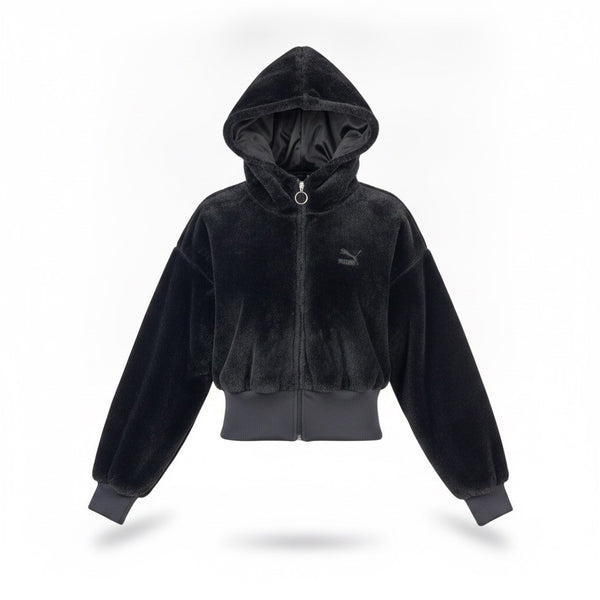 Puma Womens Black Polyester Hooded Fleece Zip-Up Cropped Jacket Size XS