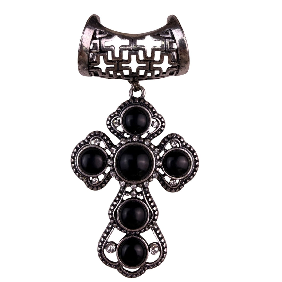 Crystal Silver Tone Black Cross Pendant For Scarf Detailed Elegant Jewelry