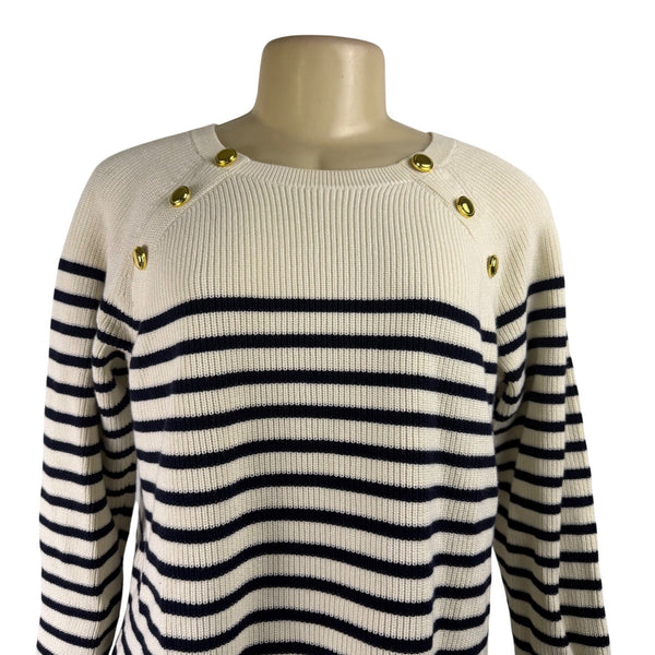Talbots Womens White & Navy Cotton Striped Buttoned Sweater Plus Size 1X EUC