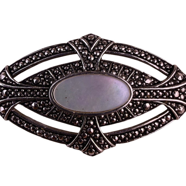 Vintage Silver Tone Brooch Marcasite & Mother-Of-Pearl Oval Design