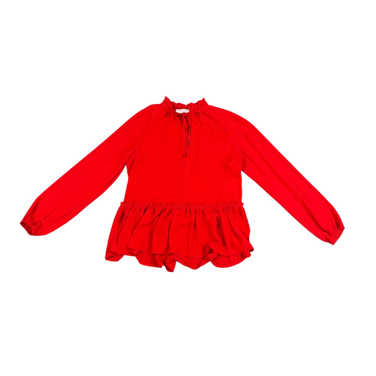 Loft Womens Red Peplum Blouse Long Sleeve Ruffle Neck Feminine Style Sz  XS