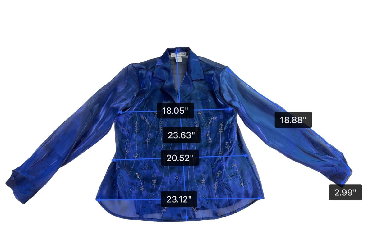 Dress Barn Womens Blue Sheer Embroidered Button-Front Long-Sleeve Blouse Size L