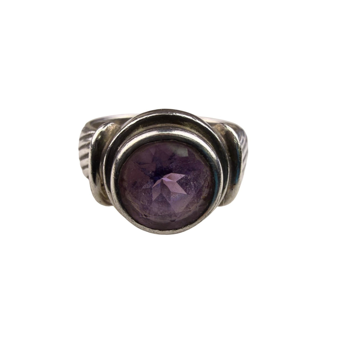 Sterling Silver Womens Purple Amethyst Stone Ring Size 5 Vintage Textured Band