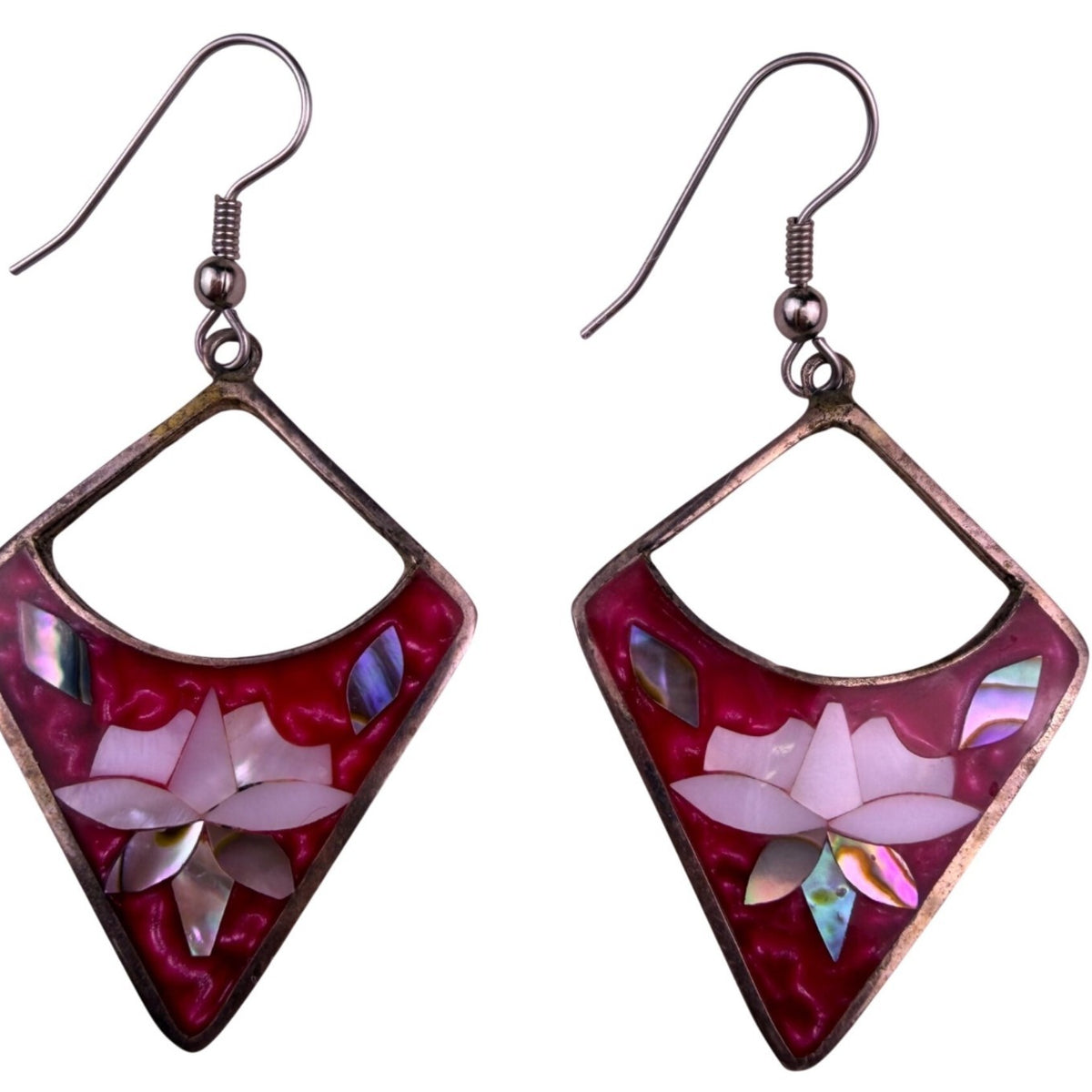 Vintage Alpaca Womens Red Floral Inlaid Dangle Earrings Mother Of Pearl
