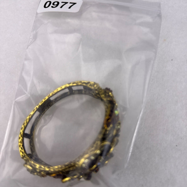 Antique-Style Gold Tone Rhinestone Hinged Floral Bracelet Gold & Brown Colors