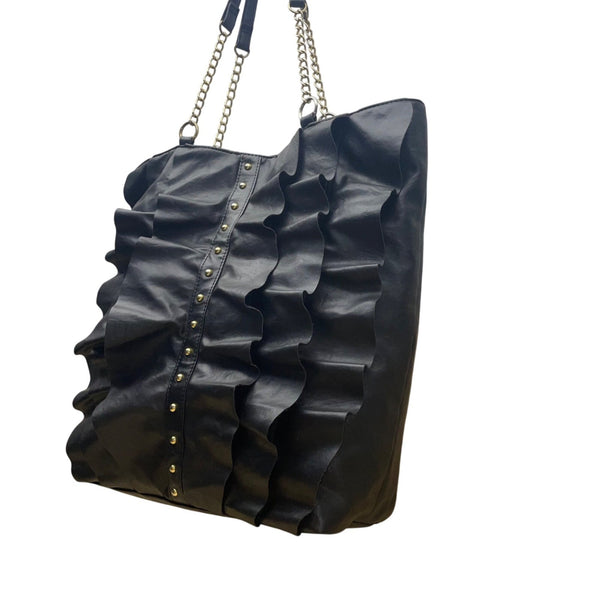 DSW Women’s Black Faux Leather Ruffle With Chain Straps Tote Bag