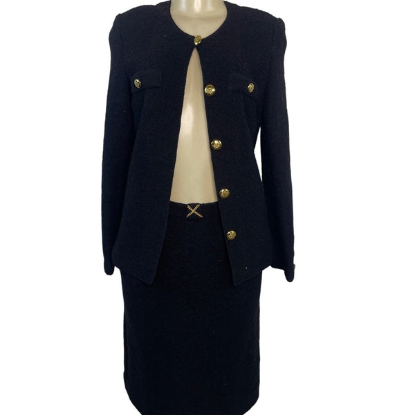 Vintage Black Bouclé Skirt Suit With Gold Button Details