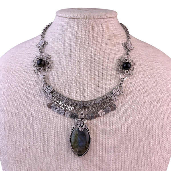 Kirks Folly Womens Silver Tone Labradorite Wire-Wrapped Statement Necklace