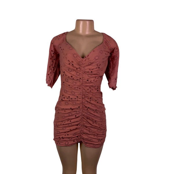 ASOS Womens Pink Eyelet Ruched Mini Dress Three-Quarter Sleeves Sz 4 - New