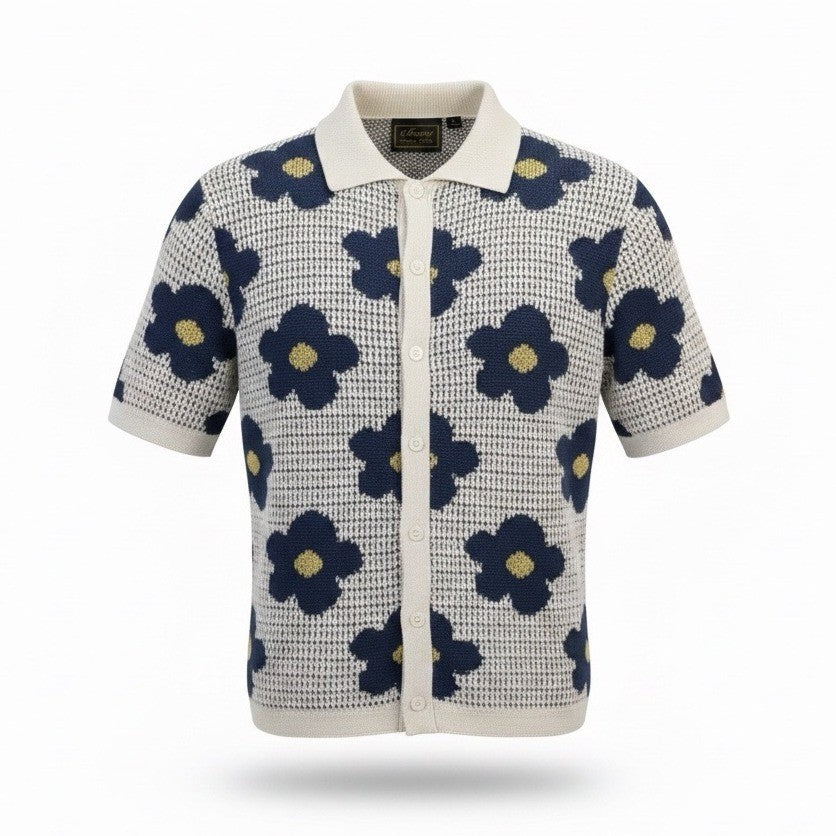 Massive Womens Ivory & Navy Blue Floral Button-Up Short Sleeve Cardigan M