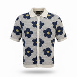 Massive Womens Ivory & Navy Blue Floral Button-Up Short Sleeve Cardigan M