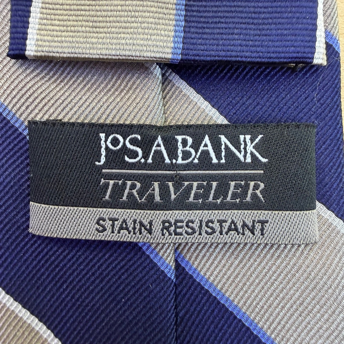 Jos A Bank Mens Blue & Gray 100% Silk Striped Tie Stain Resistant Made In China