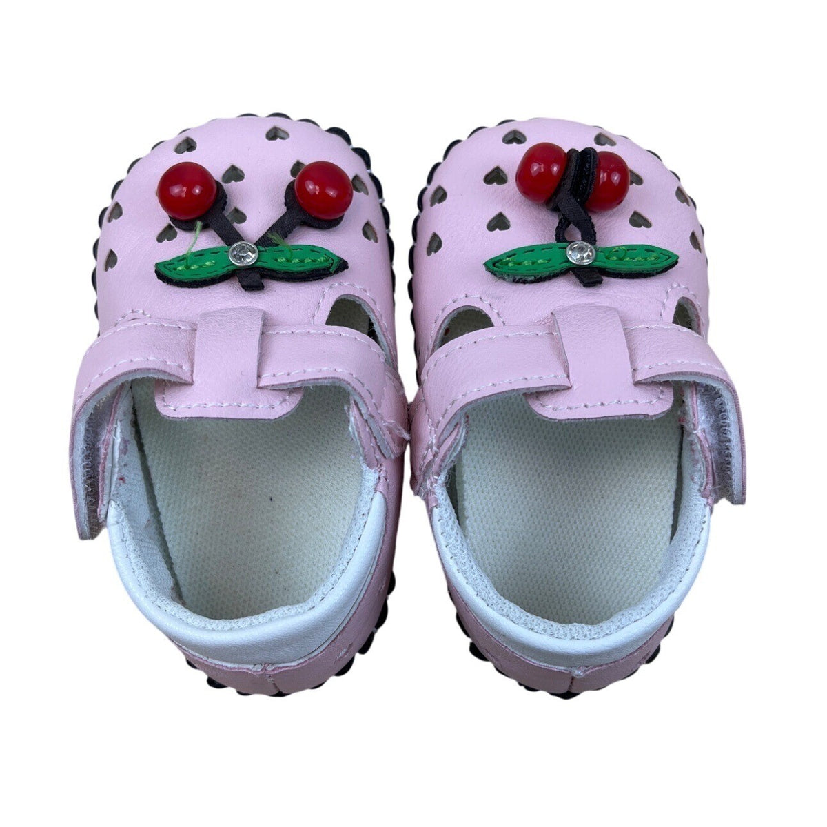 Xinqi Baby Girls Pink Cherry Design Heart Cutouts & Adhesive Strap Shoes Sz 16
