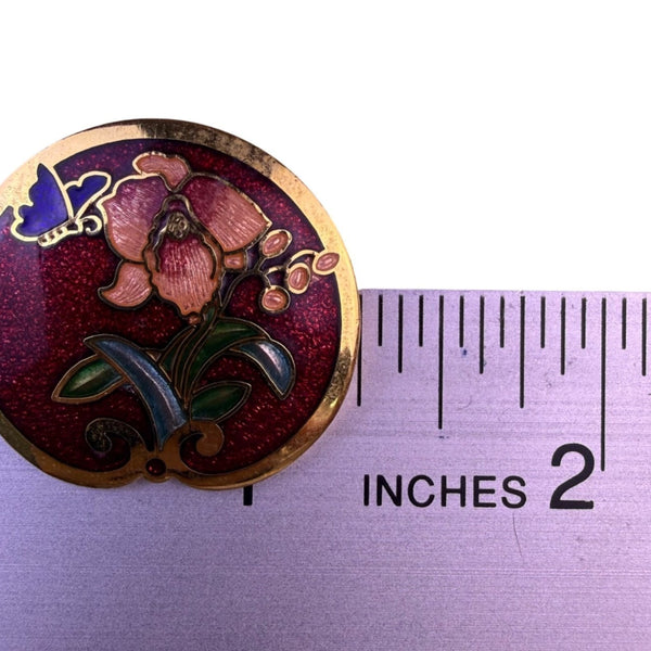 Vintage Unknown Womens Gold Tone Cloisonné Floral Butterfly Enamel Earrings