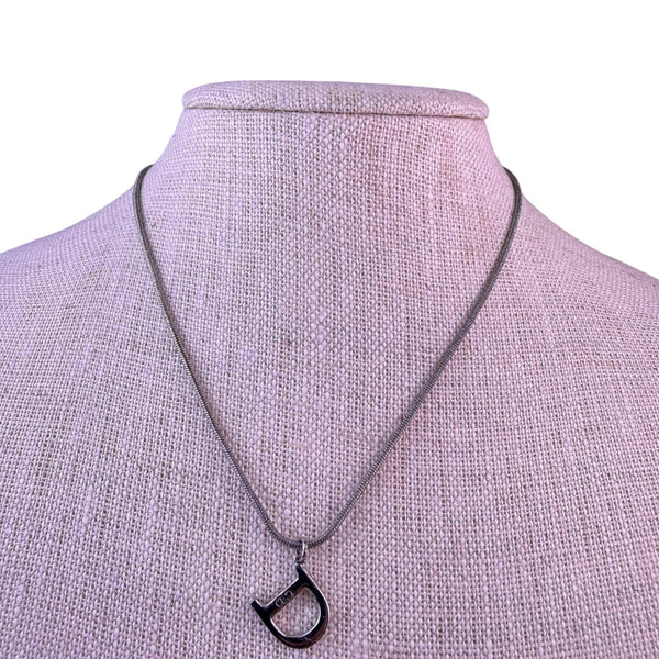 Christian Dior Womens Silver Tone Necklace D Logo Designer Charm Vintage Style