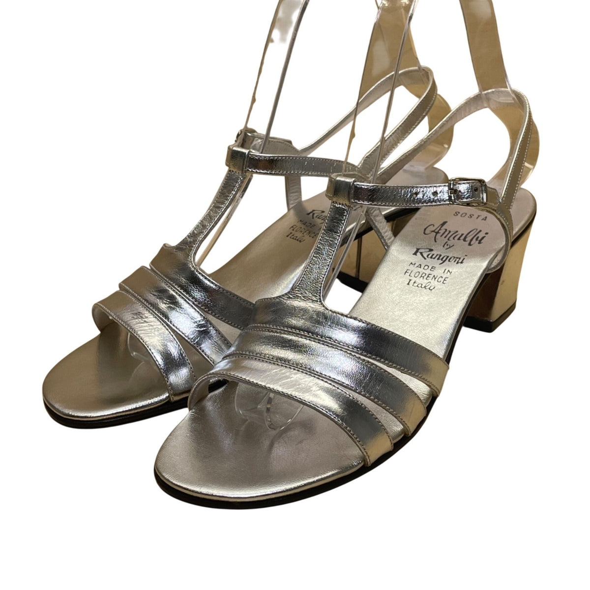 Amalfi By Rangoni Women’s Silver Leather T-Strap Sosta Heeled Sandals Size 7.5