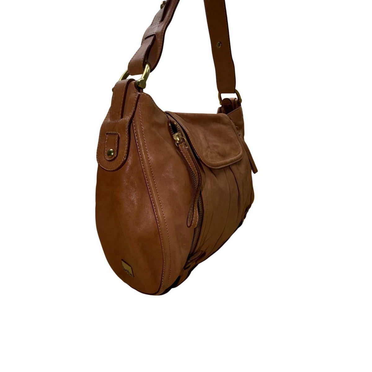 Kooba Women’s Tan Leather Front Brass Hardware Multiple Pockets Shoulder Bag