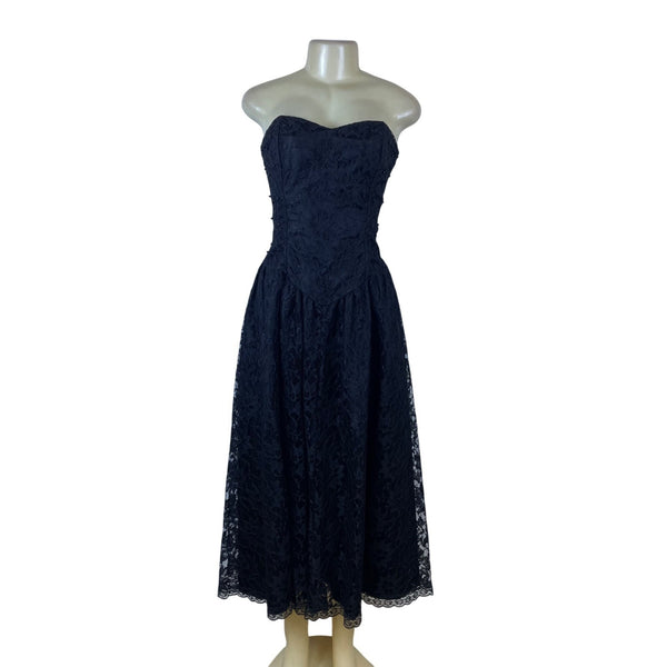 Vintage Strapless Black Lace Womens Midi Dress Elegant Evening Formal Wear Vintage Strapless Black Lace Womens Midi Dress Elegant Evening Formal Wear