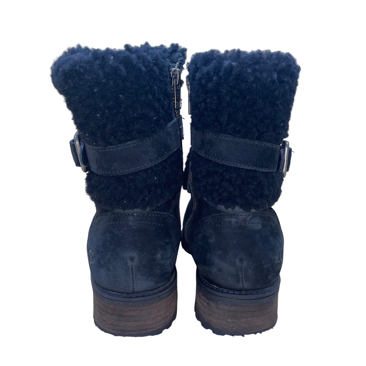 UGG Womens Black Suede Shearling Buckled Mid-Calf Winter Boots Size 7