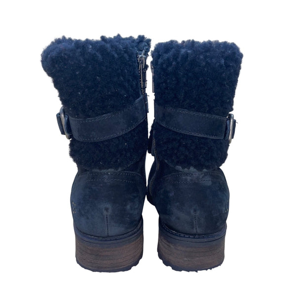 UGG Womens Black Suede Shearling Buckled Mid-Calf Winter Boots Size 7
