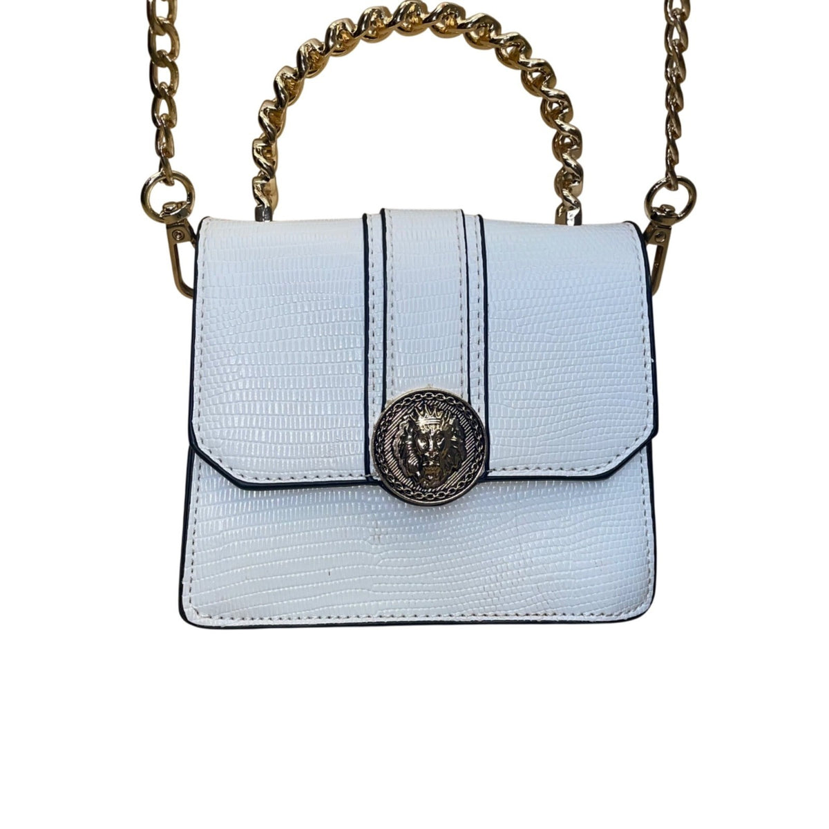 Aldo Women’s White Faux Leather Chain Handle With Gold Lion Detail Crossbody Bag