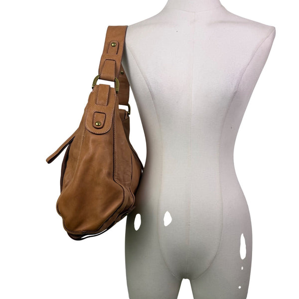 Kooba Women’s Tan Leather Front Brass Hardware Multiple Pockets Shoulder Bag