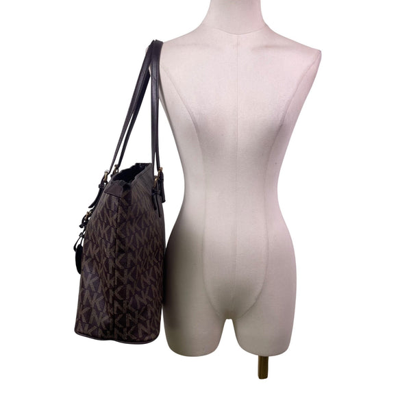 Michael Kors Women’s Brown Monogram Coated Gold-Tone Buckle Accents Tote Bag