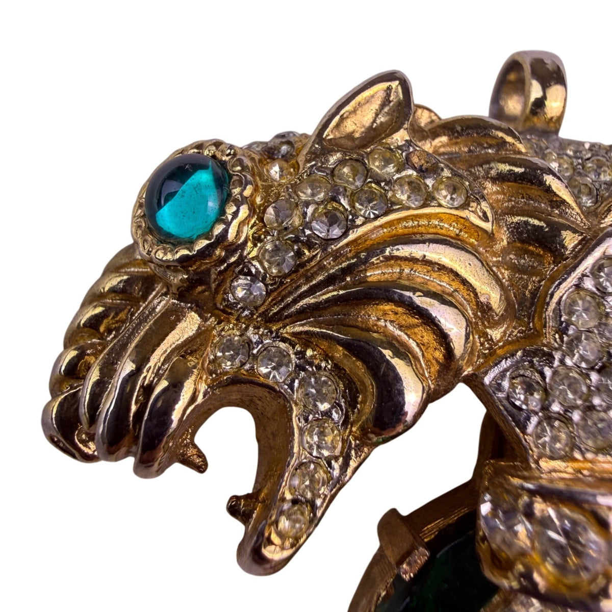 Vintage Gold Tone Brooch Green Crystal Two Lion Heads Rhinestone Accents