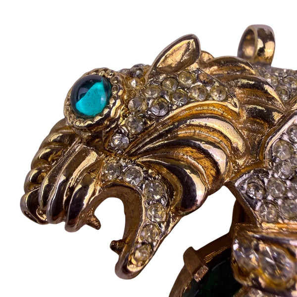 Vintage Gold Tone Brooch Green Crystal Two Lion Heads Rhinestone Accents