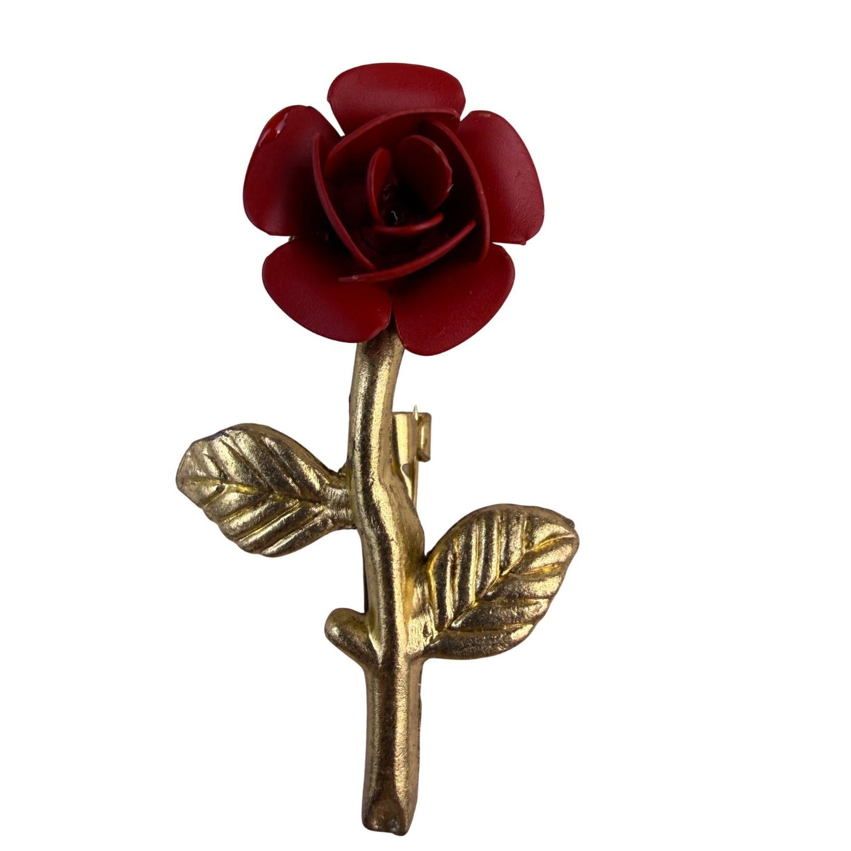 Vintage Unknown Womens Gold Tone & Red Enamel Rose Floral Brooch Pin