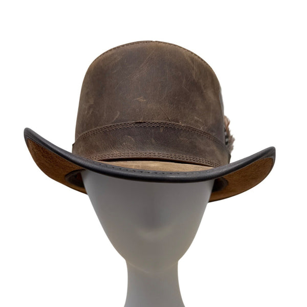 Head N Home Hats Brown Distressed Leather Steampunk Top W/ Feather Stoker Size S