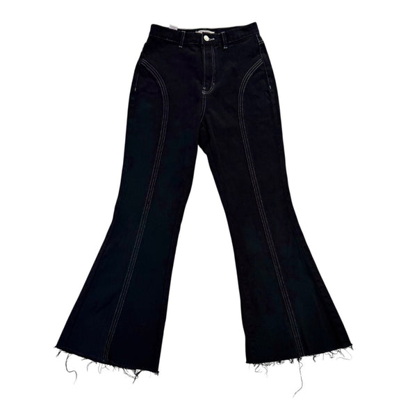 PacSun Womens Black Denim Flared Jeans Frayed Hem High Waist Contrast Stitching