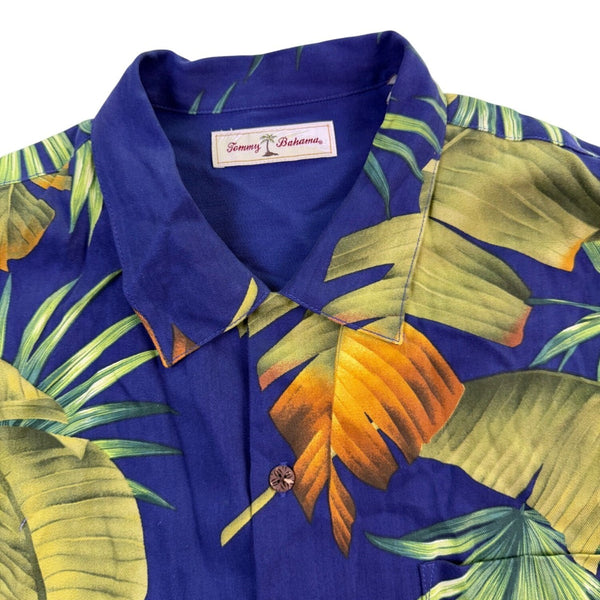 Tommy Bahama Mens Navy Hawaiian Button-Down Shirt Palm Leaf Pattern Size L