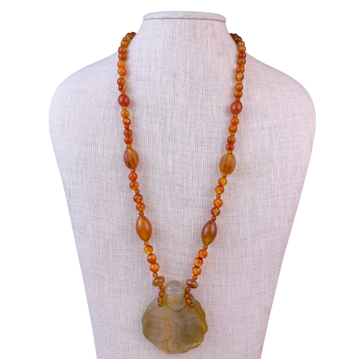 Carved Agate Womens Golden Brown Pendant Necklace With Carnelian Beads 