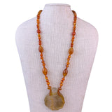 Carved Agate Womens Golden Brown Pendant Necklace With Carnelian Beads 