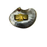 Vintage Black Mother Of  Pearl Lip Shell Ornament / Pendant - Gold Tone Borders